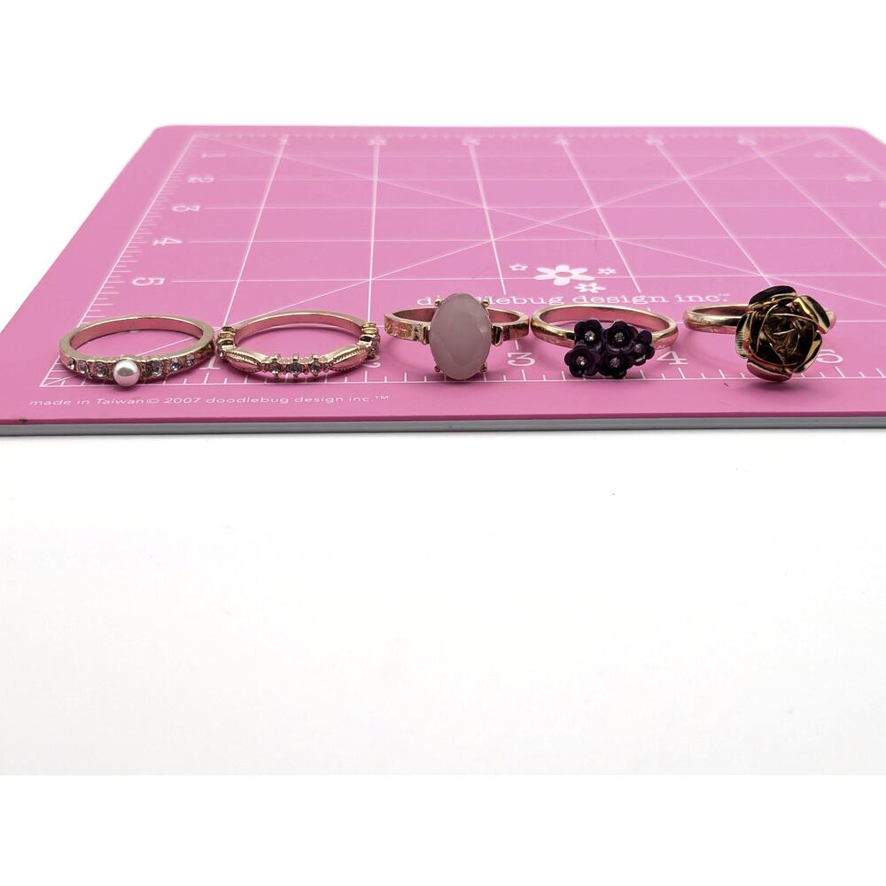 Gold Tone Fashion Ring Lot 5 Pink Pearl Rose Floral Statement Sizes 11.75 12.75